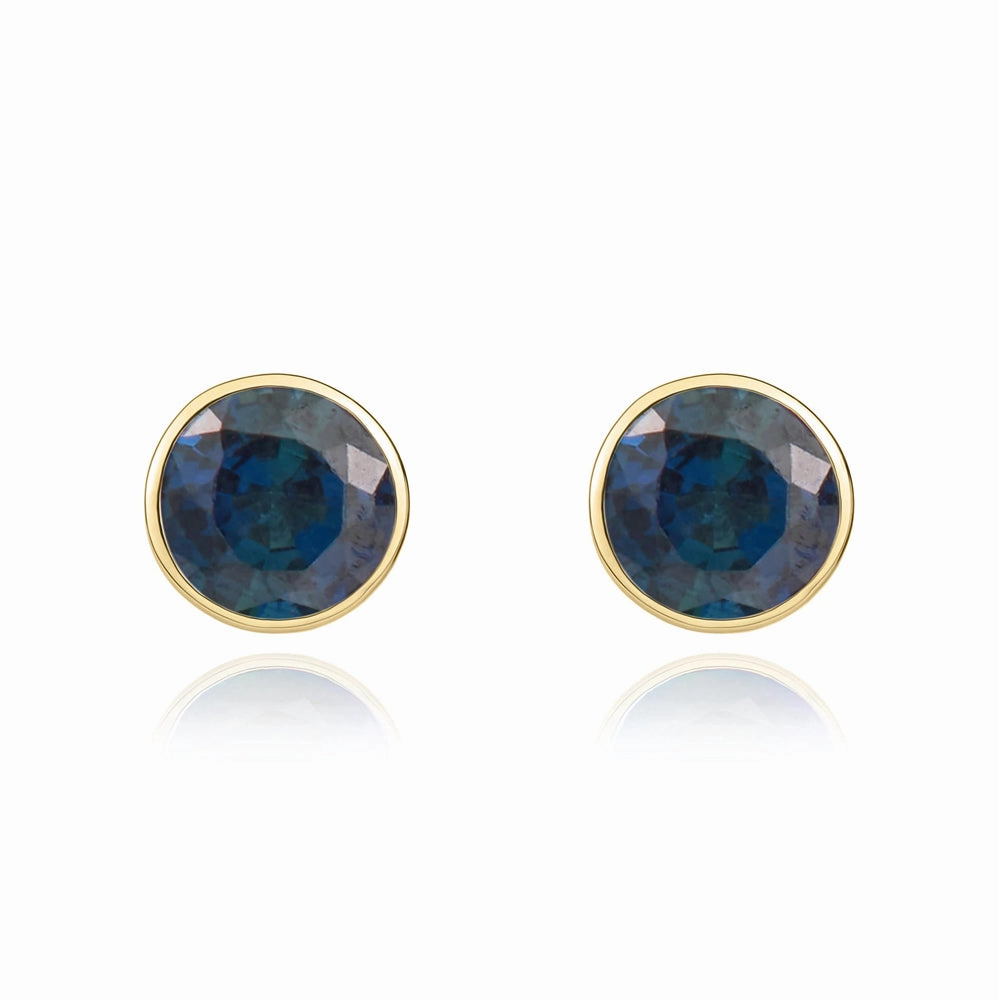 9ct Yellow Gold Sapphire 5mm Round Rub Over Set Stud Earrings