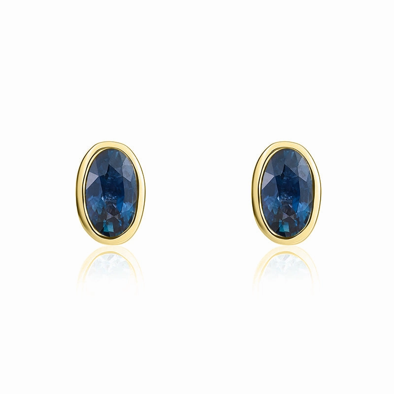 9ct Yellow Gold Sapphire 5x3mm Oval Rub Over Set Stud Earrings