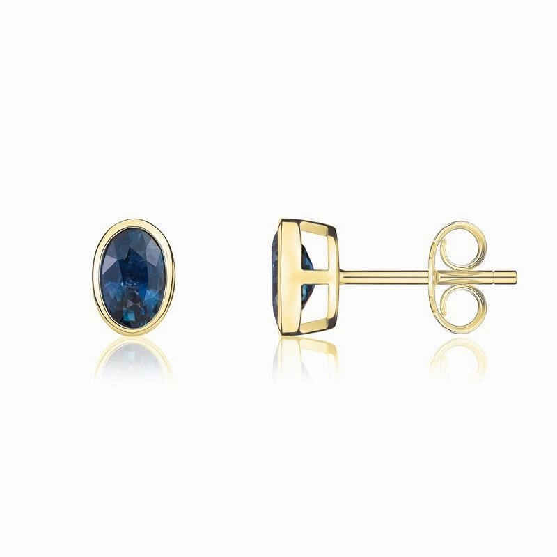 9ct Yellow Gold Sapphire 6x4mm Oval Rub Over Set Pendant and Stud Earrings Set