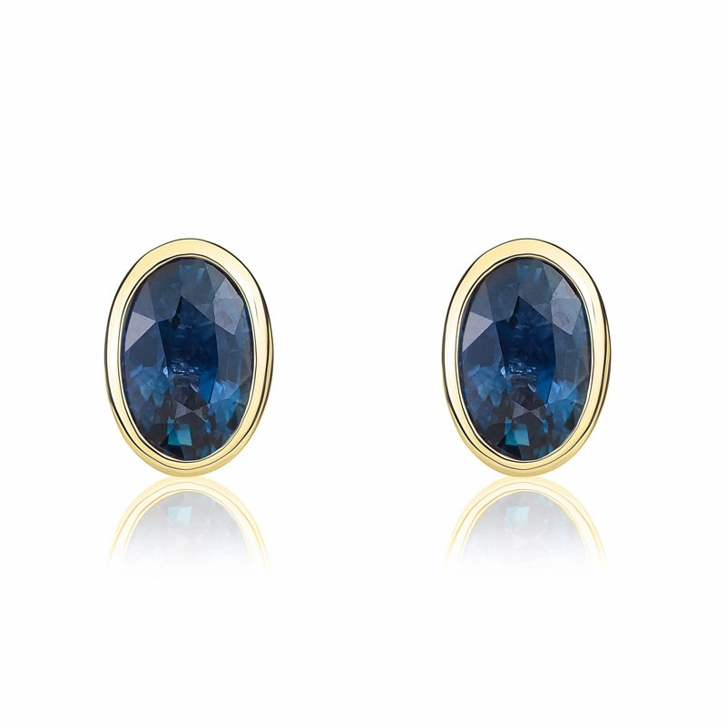 9ct Yellow Gold Sapphire 6x4mm Oval Rub Over Set Stud Earrings