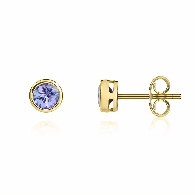 9ct Yellow Gold Tanzanite 4mm Round Rub Over Set Stud Earrings
