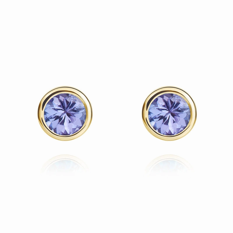 9ct Yellow Gold Tanzanite 4mm Round Rub Over Set Stud Earrings