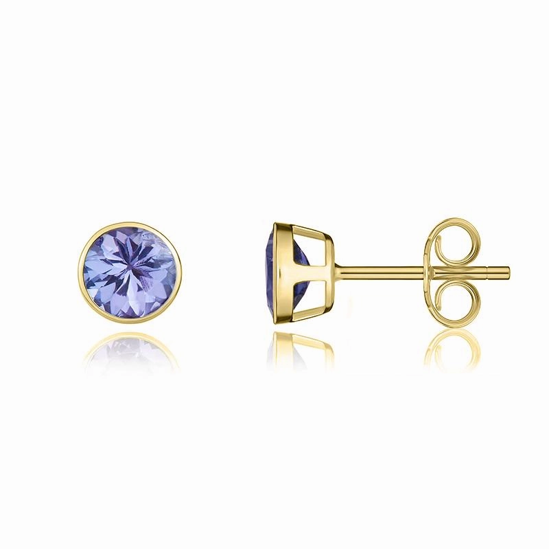 9ct Yellow Gold Tanzanite 5mm Round Rub Over Set Stud Earrings