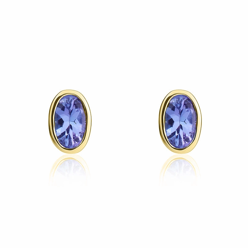 9ct Yellow Gold Tanzanite 5x3mm Oval Rub Over Set Stud Earrings