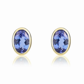 9ct Yellow Gold Tanzanite 6x4mm Oval Rub Over Set Stud Earrings
