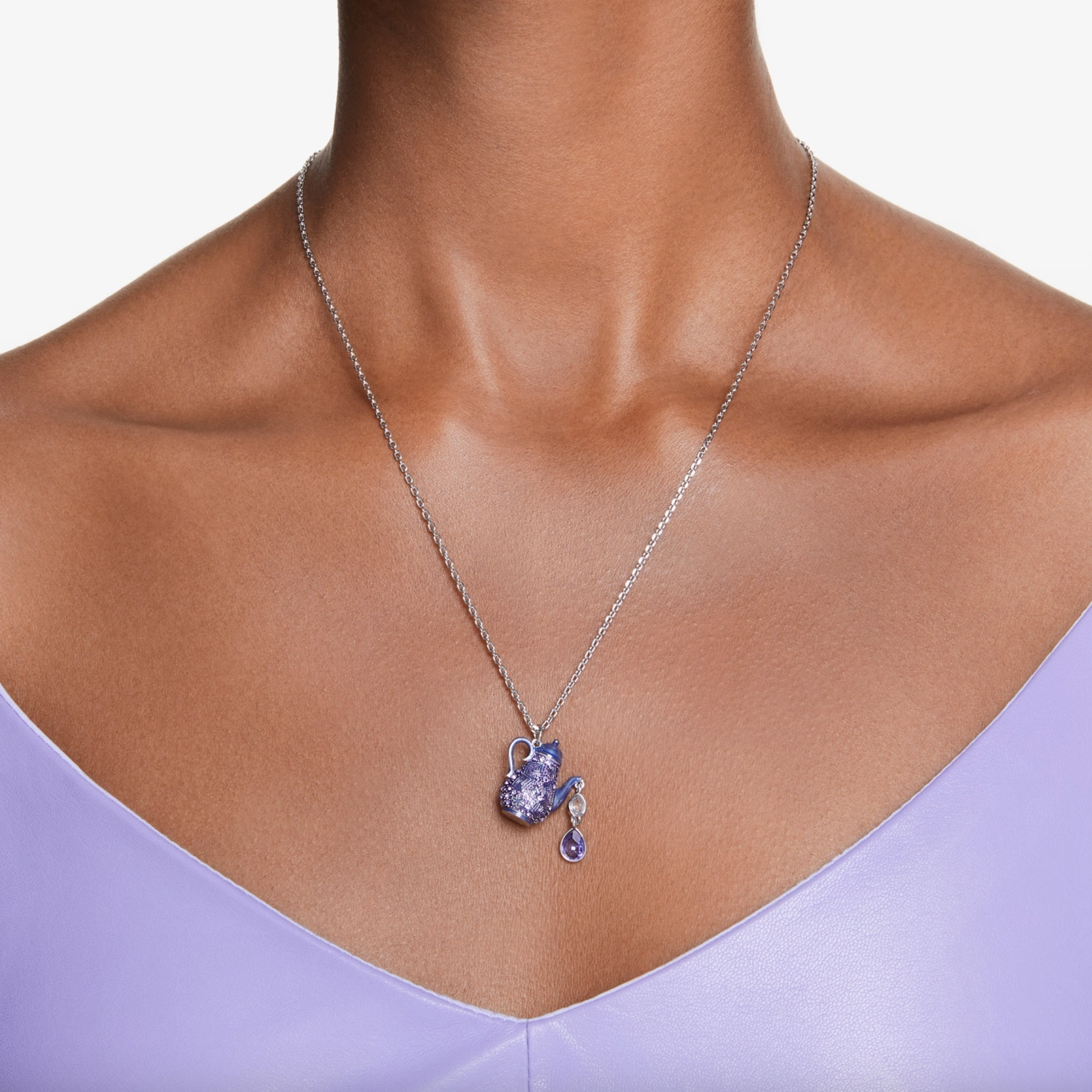 Alice in Wonderland pendant Teapot, Purple, Rhodium plated