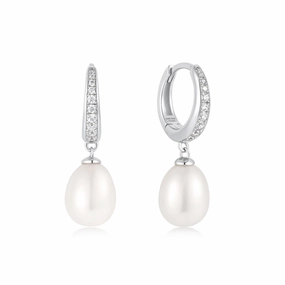 Ania Haie Silver Freshwater Pearl White Cubic Zirconia Pav Drop Huggies E058-03H