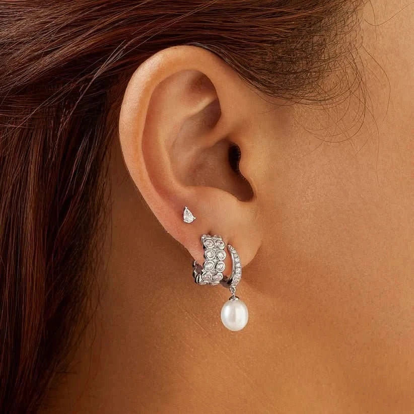 Ania Haie Silver Freshwater Pearl White Cubic Zirconia Pav Drop Huggies E058-03H