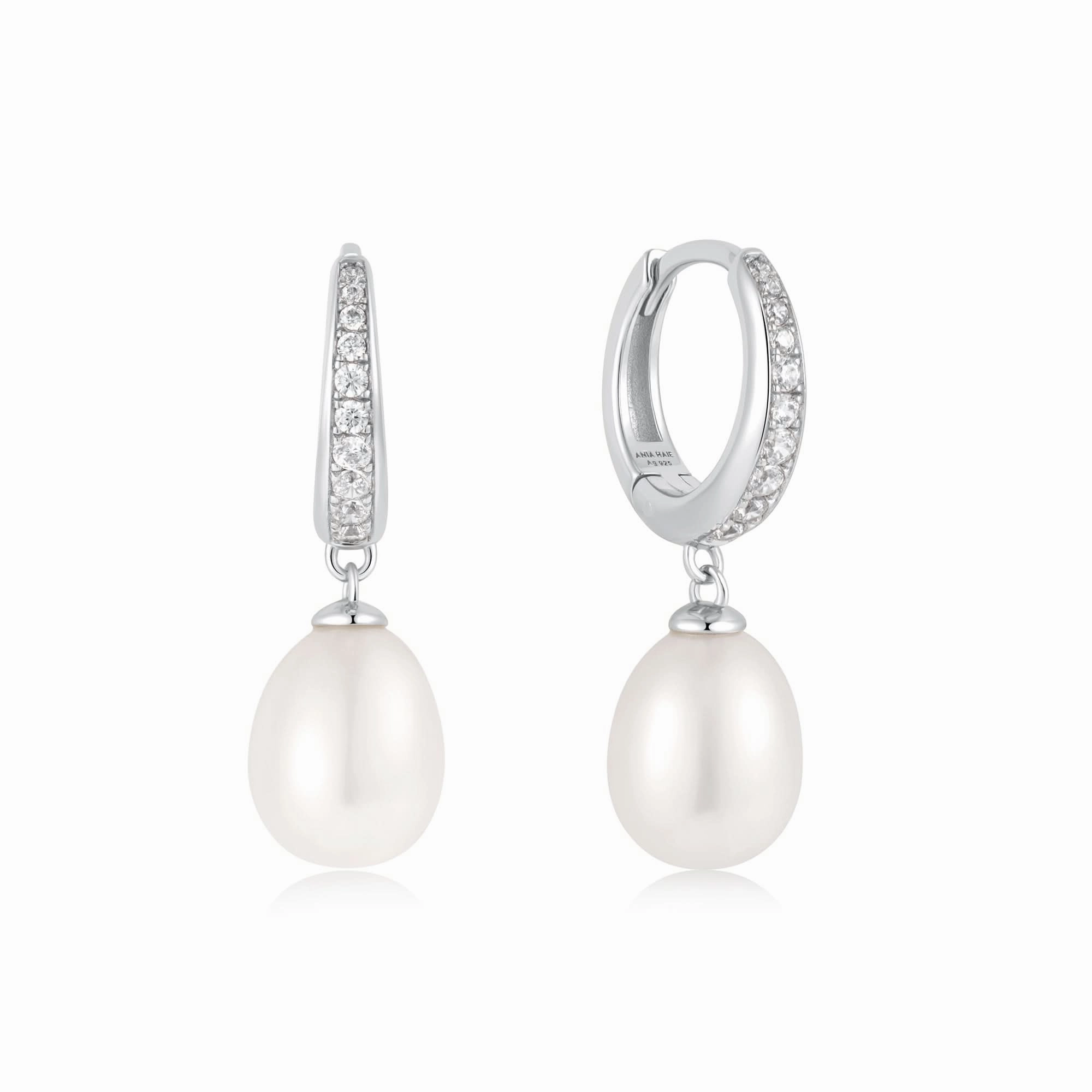 Ania Haie Silver Freshwater Pearl White Cubic Zirconia Pav Drop Huggies E058-03H