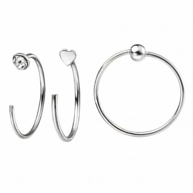 Beginnings Silver Set Of Three Nose Rings Crystal Ball & Heart nose stud T155