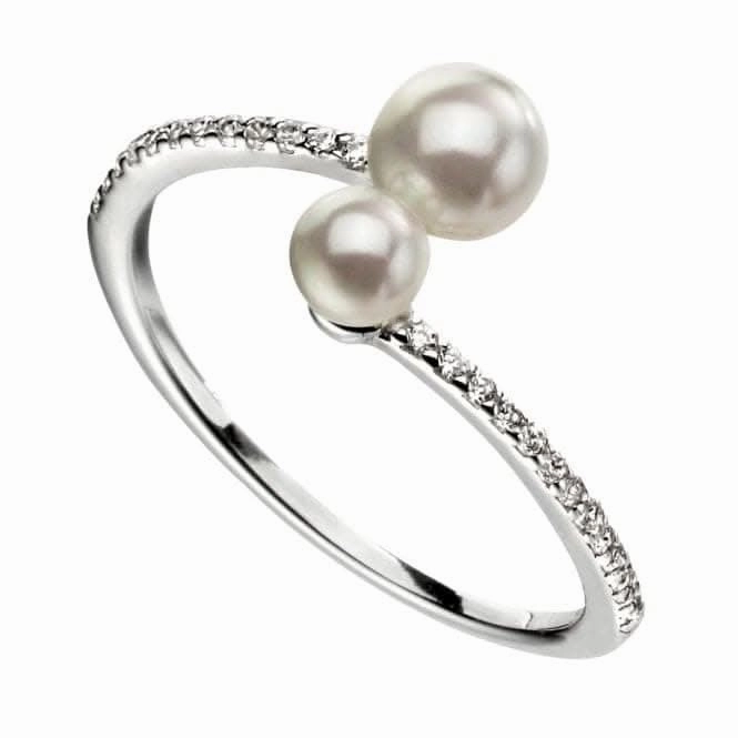 Beginnings  Sterling Silver Double Pearl Micropave Zirconia Shank Ring R3601W