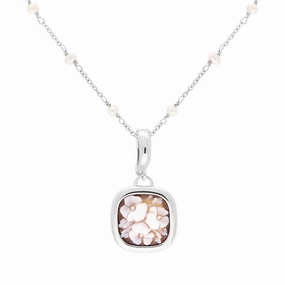 Cameo Italy Sterling Silver Square Flower Pendant Necklace D