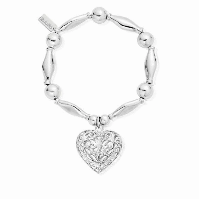 ChloBo Chunky Filigree Heart Bracelet with 925 Sterling Silver Beads & Heart Charm