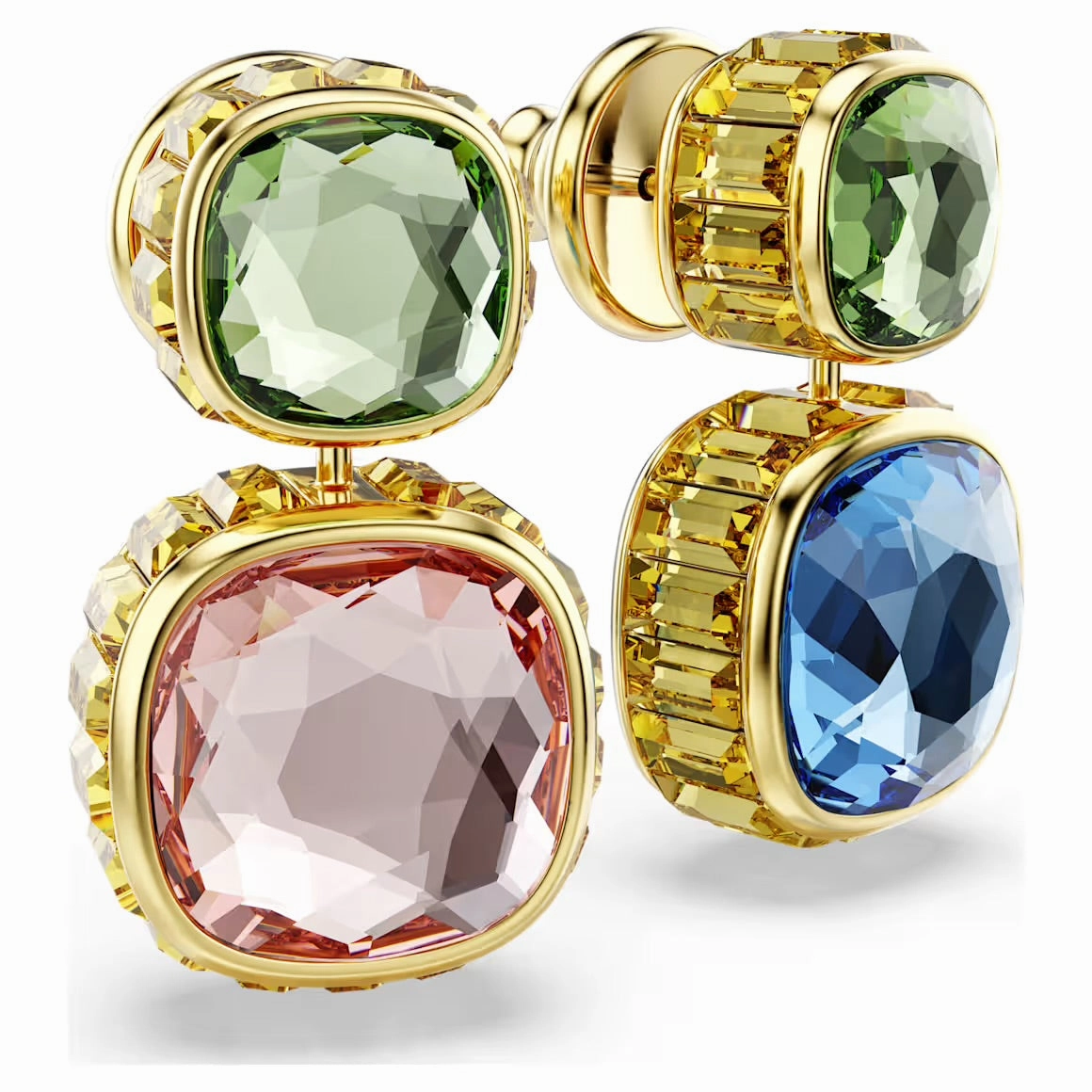 Chroma Multicoloured Cushion Cut Gold Drop Earrings