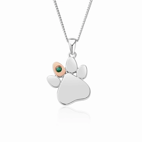 Clogau Paw Prints On My Heart Sterling Silver May Birthstone Emerald Necklace