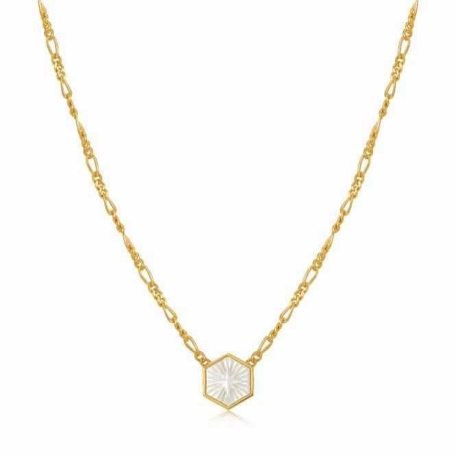 Compass Emblem Gold Figaro Chain Necklace N030-04G