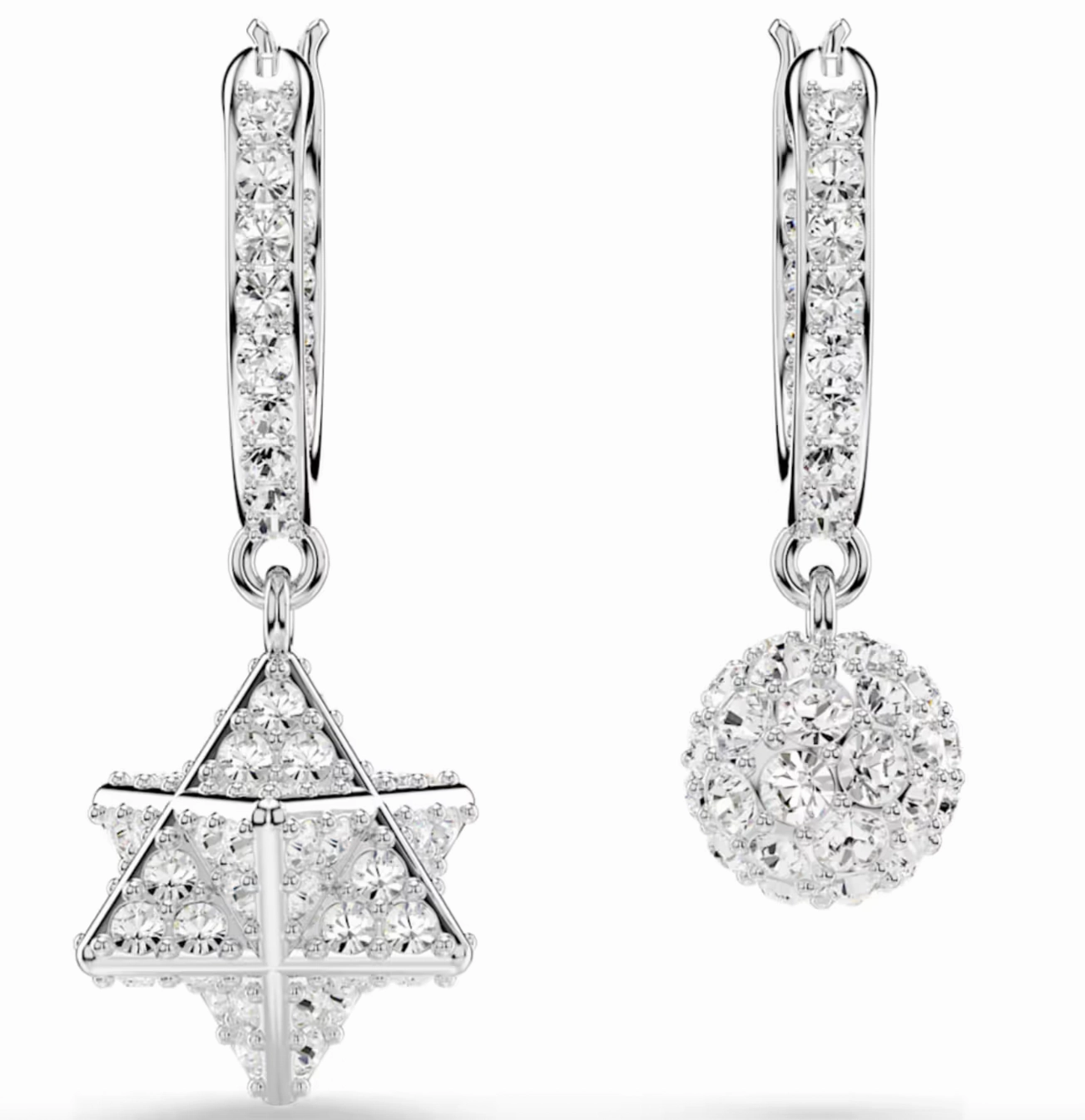 Dextera Asymmetrical Design, Round Cut, Star & Sphere White Drop Earrings