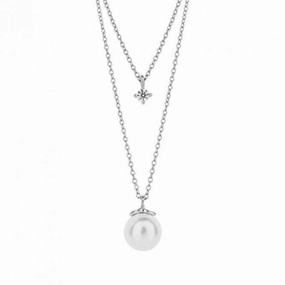 Double Chain Shell Pearl Diamond Shaped Zirconia Necklace N4496
