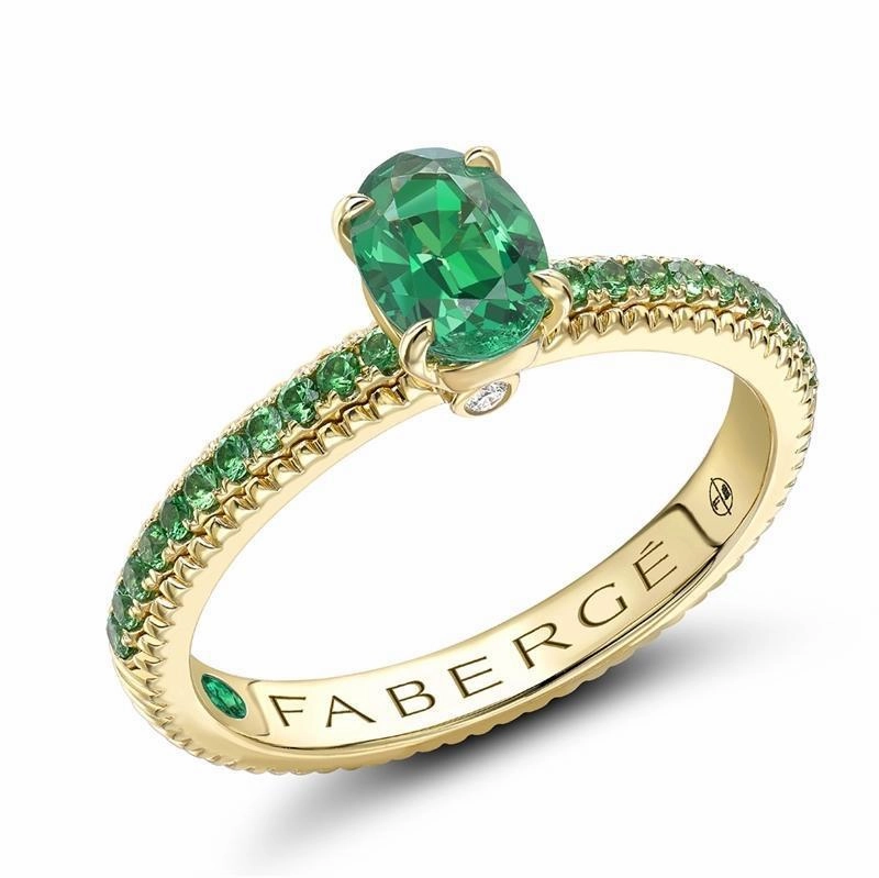 Faberge Colours of Love 18ct Yellow Gold Emerald Tsavorite Garnet Fluted Ring