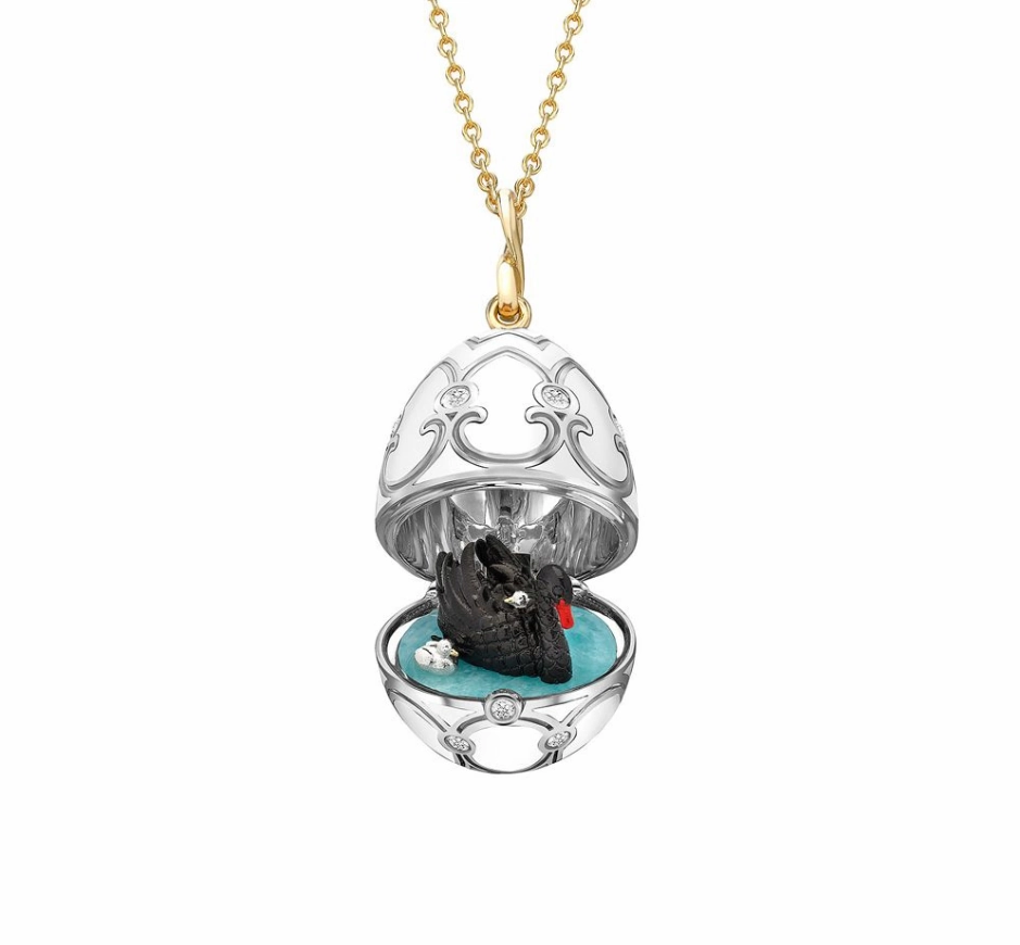Faberge Heritage Yellow and White Gold Diamond & White Guilloch Enamel Black Swan Surprise Locket