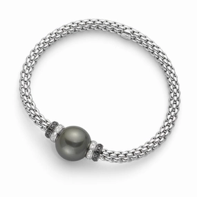 Fope Flex'It Solo 18ct White Gold Black And White Diamond Black Pearl Bracelet