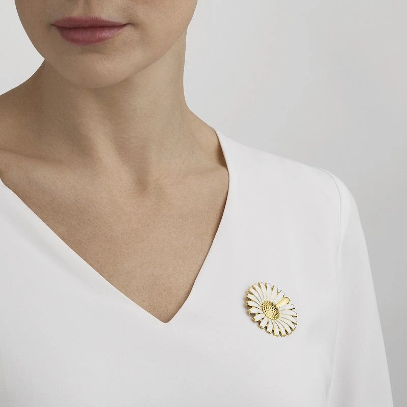 Georg Jensen Daisy 18ct Gold Vermeil Sterling Silver White Enamel Brooch Necklace