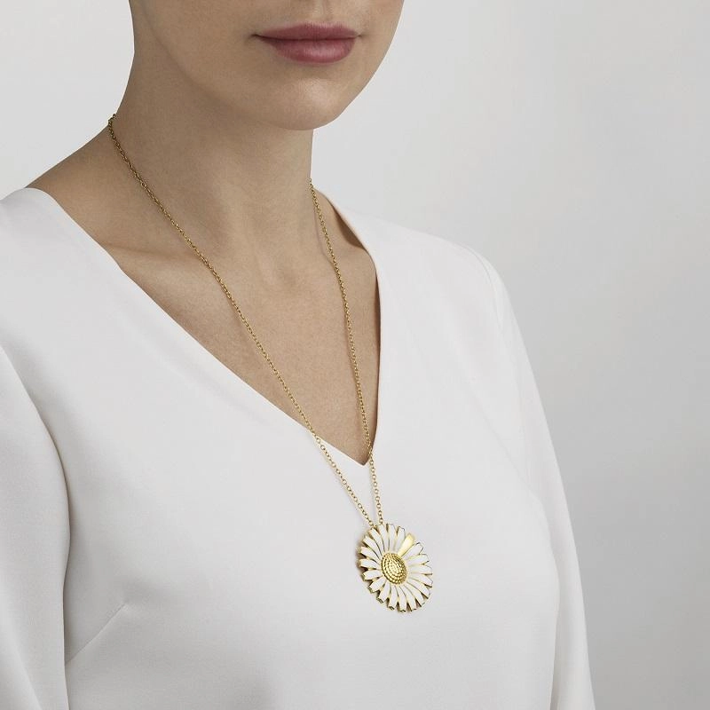 Georg Jensen Daisy 18ct Gold Vermeil Sterling Silver White Enamel Brooch Necklace