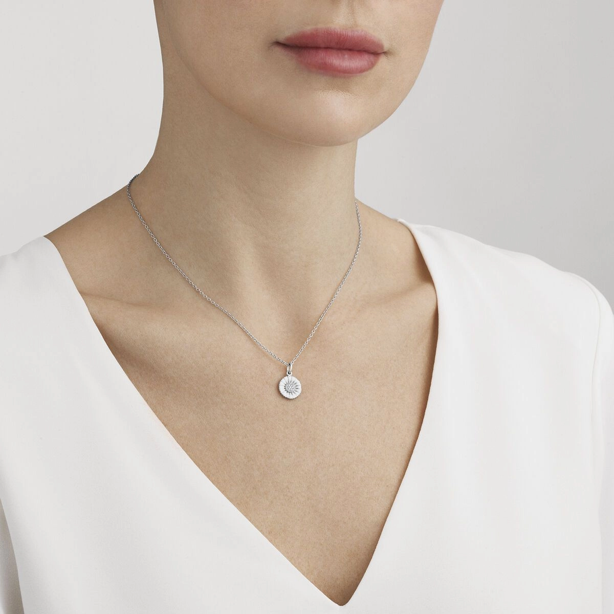 Georg Jensen Daisy Sterling Silver White Enamel Diamond Small Necklace D