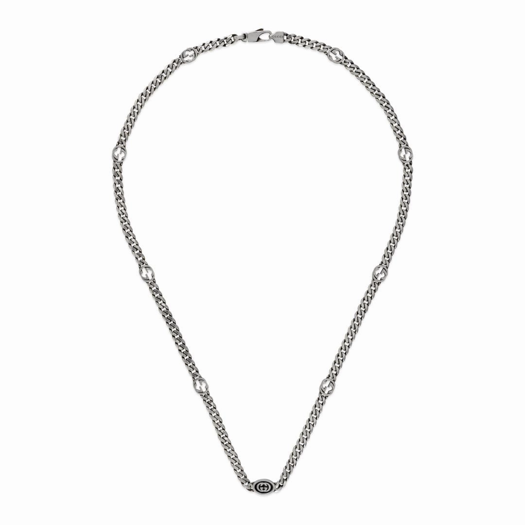 Gucci Interlocking Motif Sterling Silver Black Enamel Thin Necklace D