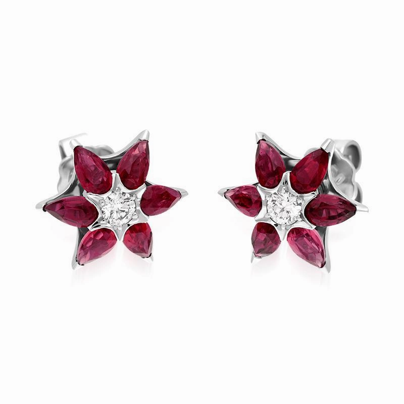 Hans D. Krieger 18ct White Gold 1.90ct Ruby Diamond Flower Stud Earrings