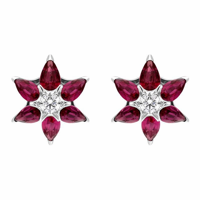 Hans D. Krieger 18ct White Gold 1.90ct Ruby Diamond Flower Stud Earrings