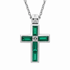 Hans D Krieger 18ct White Gold Emerald and Diamond Cross Necklace