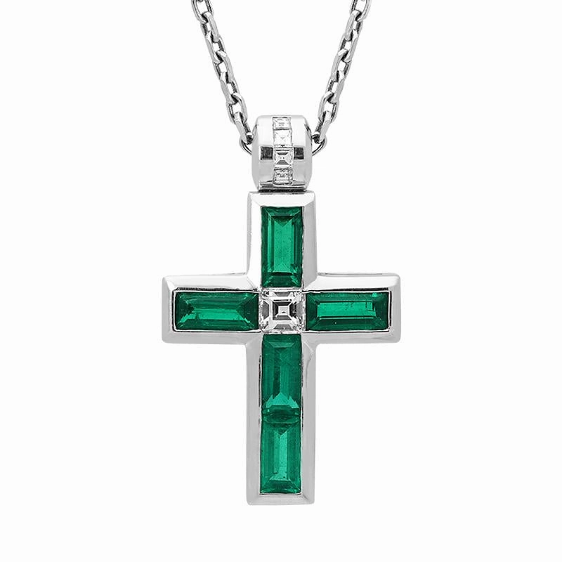 Hans D Krieger 18ct White Gold Emerald and Diamond Cross Necklace