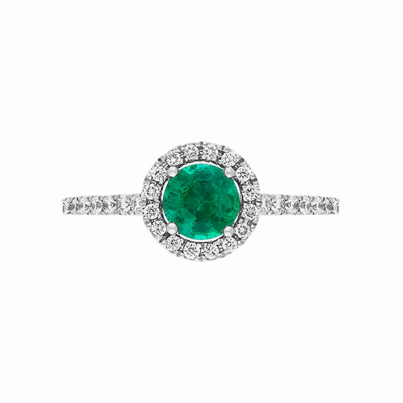 Hans D Krieger 18ct White Gold Emerald Diamond Shoulder Set Round Cluster Ring