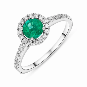 Hans D Krieger 18ct White Gold Emerald Diamond Shoulder Set Round Cluster Ring