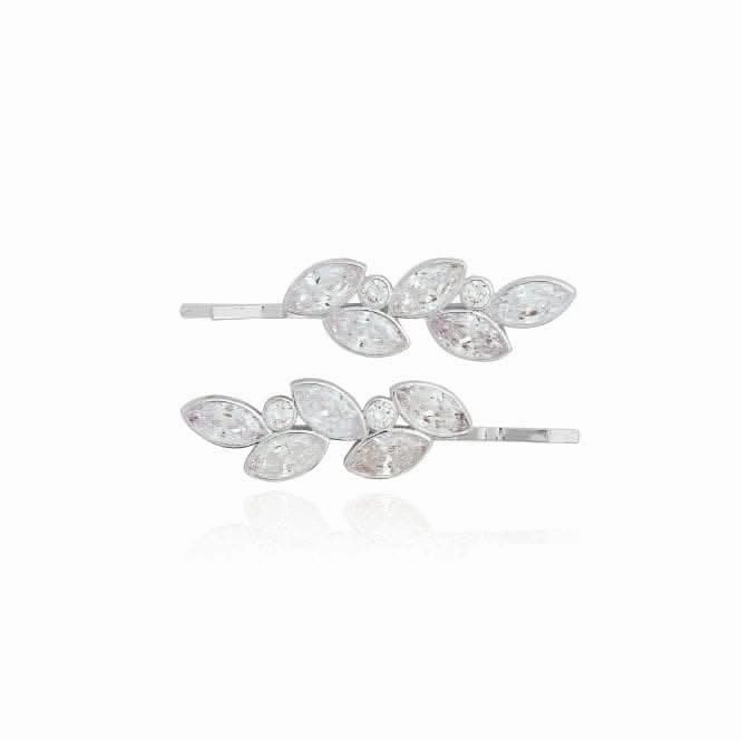Happy Ever After Hair Accessories Silver Zirconia Leaf Hair Slides 3678