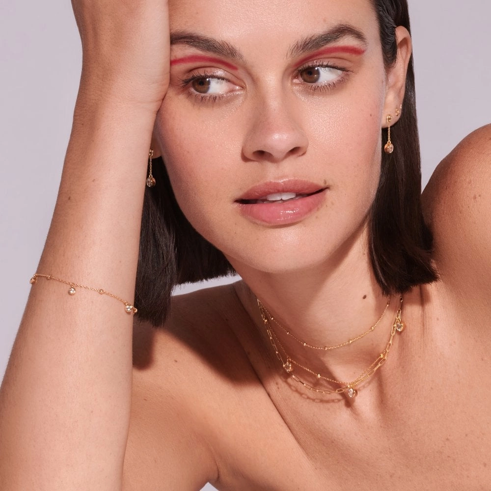 Hot Diamonds Gold Plated Sterling Silver Droplet White Topaz Chain Earrings