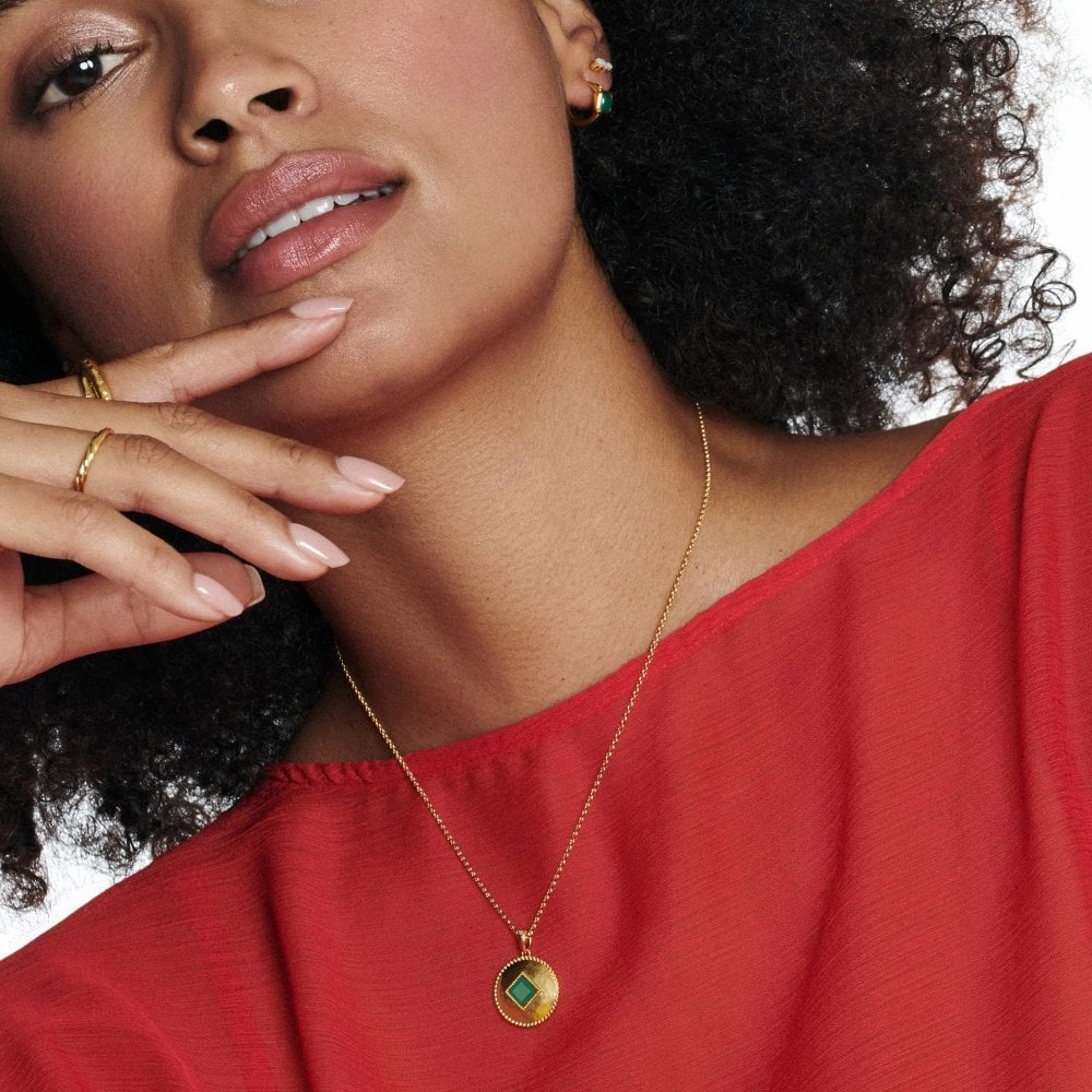 Hot Diamonds Gold Plated Sterling Silver Green Agate Coin Necklace