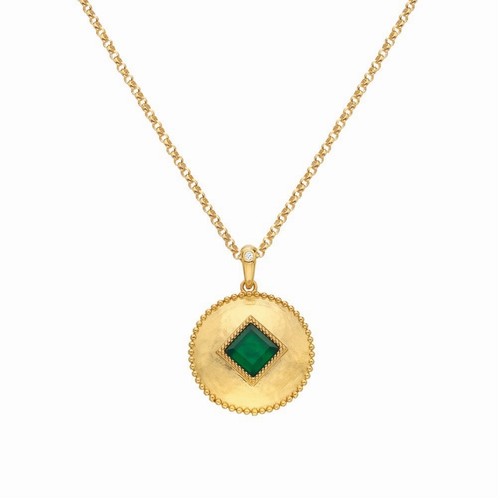 Hot Diamonds Gold Plated Sterling Silver Green Agate Coin Necklace