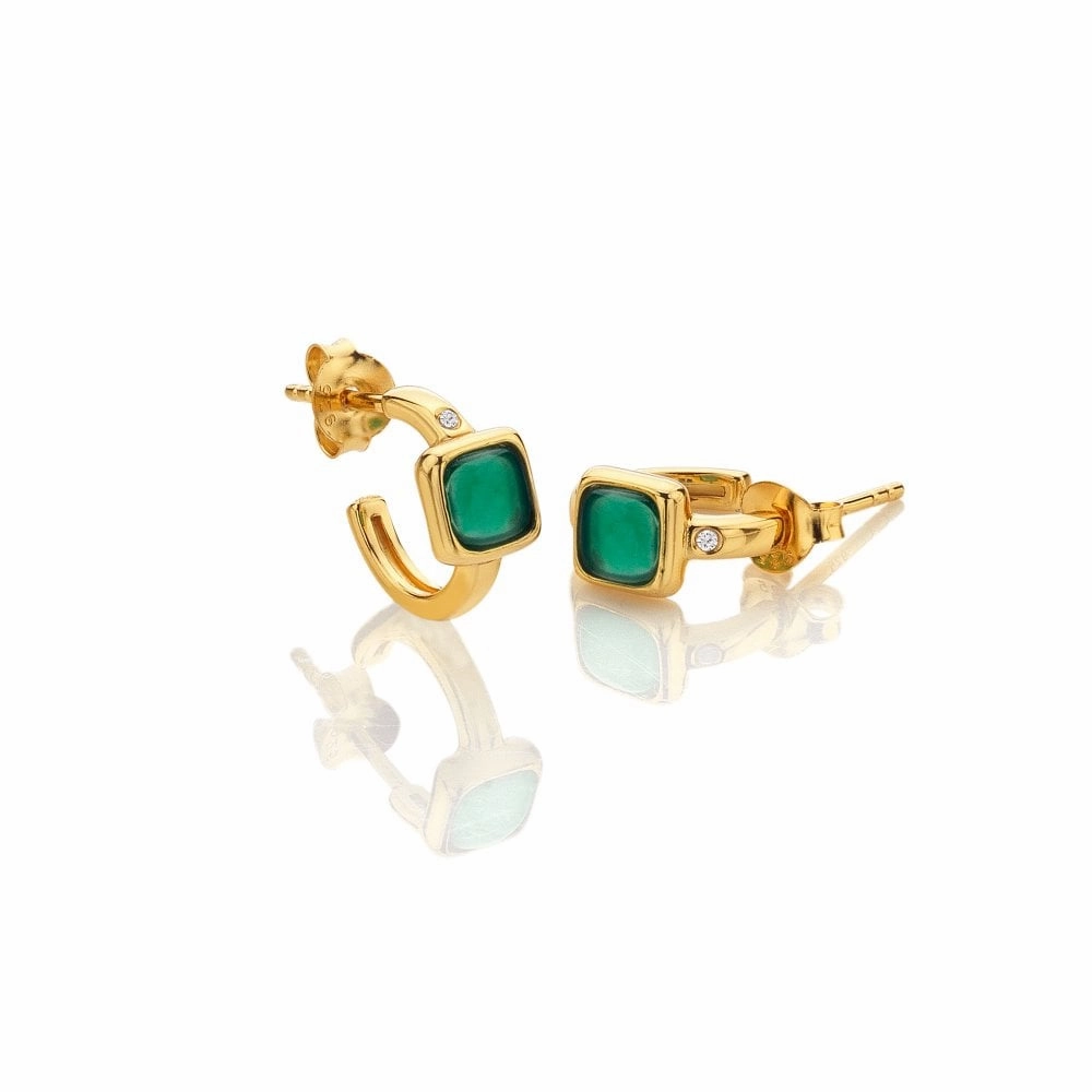 Hot Diamonds Gold Plated Sterling Silver Green Agate Square Huggie Earrings