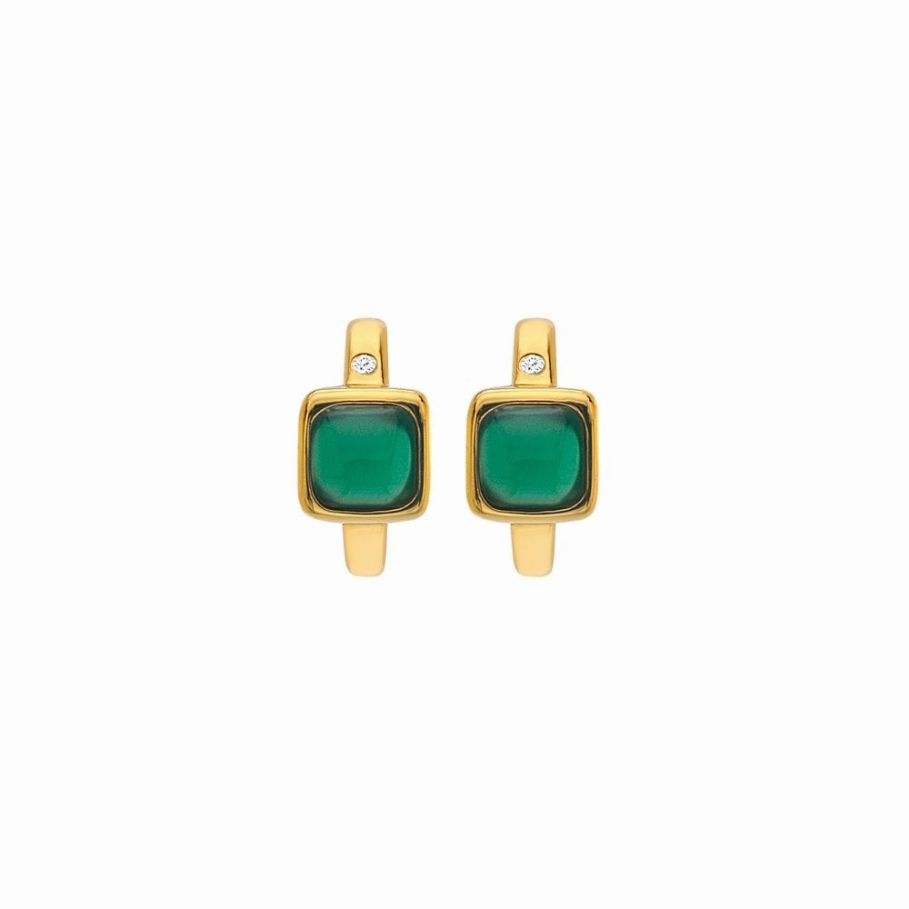 Hot Diamonds Gold Plated Sterling Silver Green Agate Square Huggie Earrings