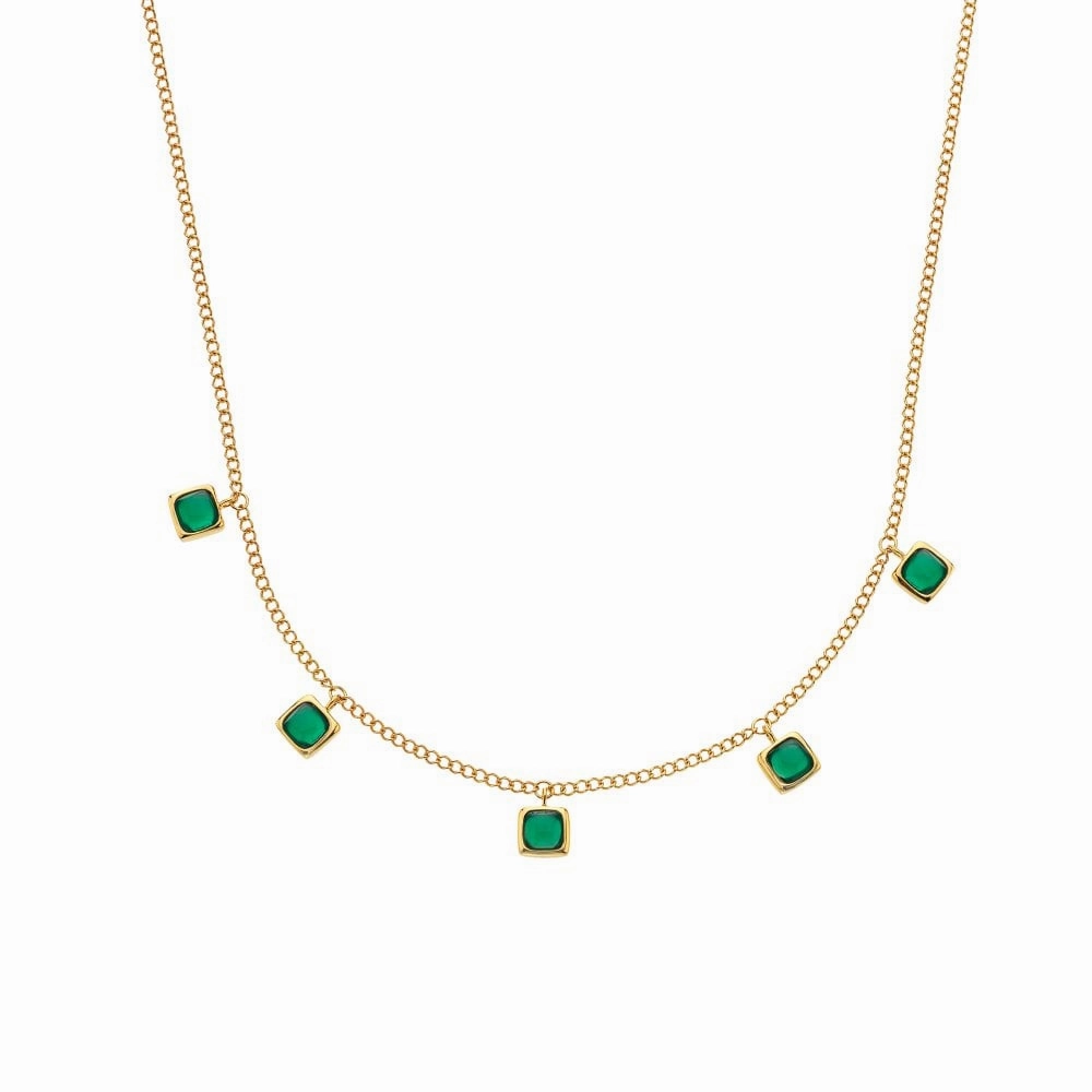 Hot Diamonds Gold Plated Sterling Silver Green Agate Square Necklace