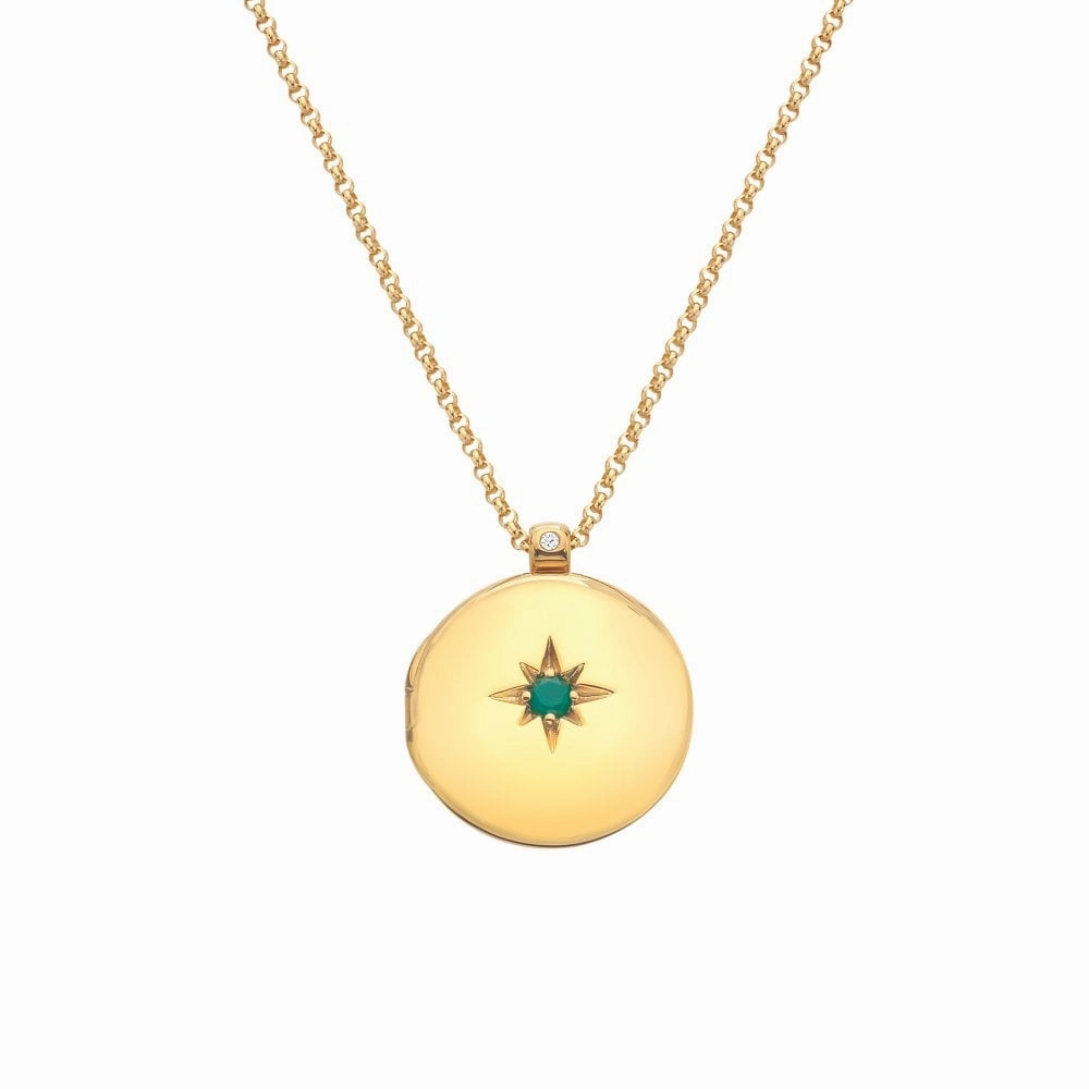 Hot Diamonds Gold Plated Sterling Silver Green Agate Starburst Locket Necklace