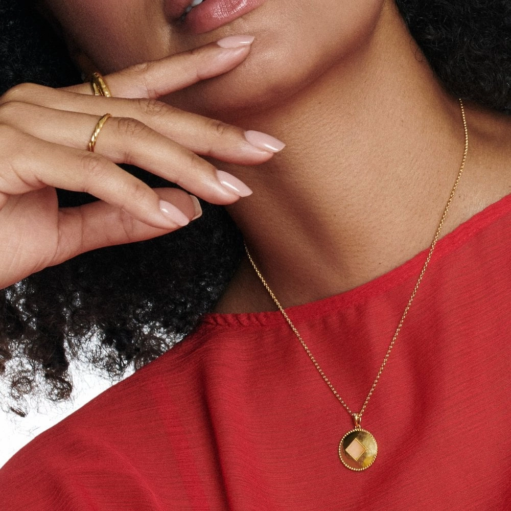 Hot Diamonds Gold Plated Sterling Silver Pink Quartz Coin Necklace
