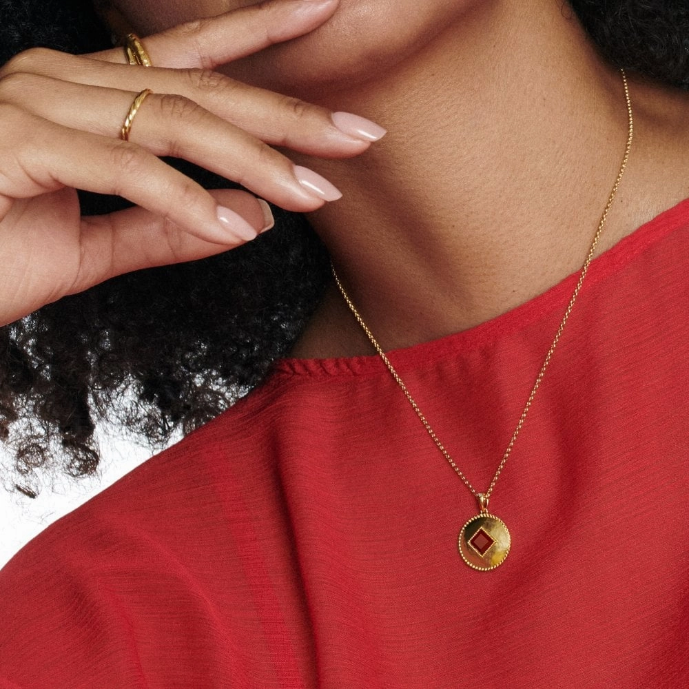 Hot Diamonds Gold Plated Sterling Silver Red Agate Coin Necklace
