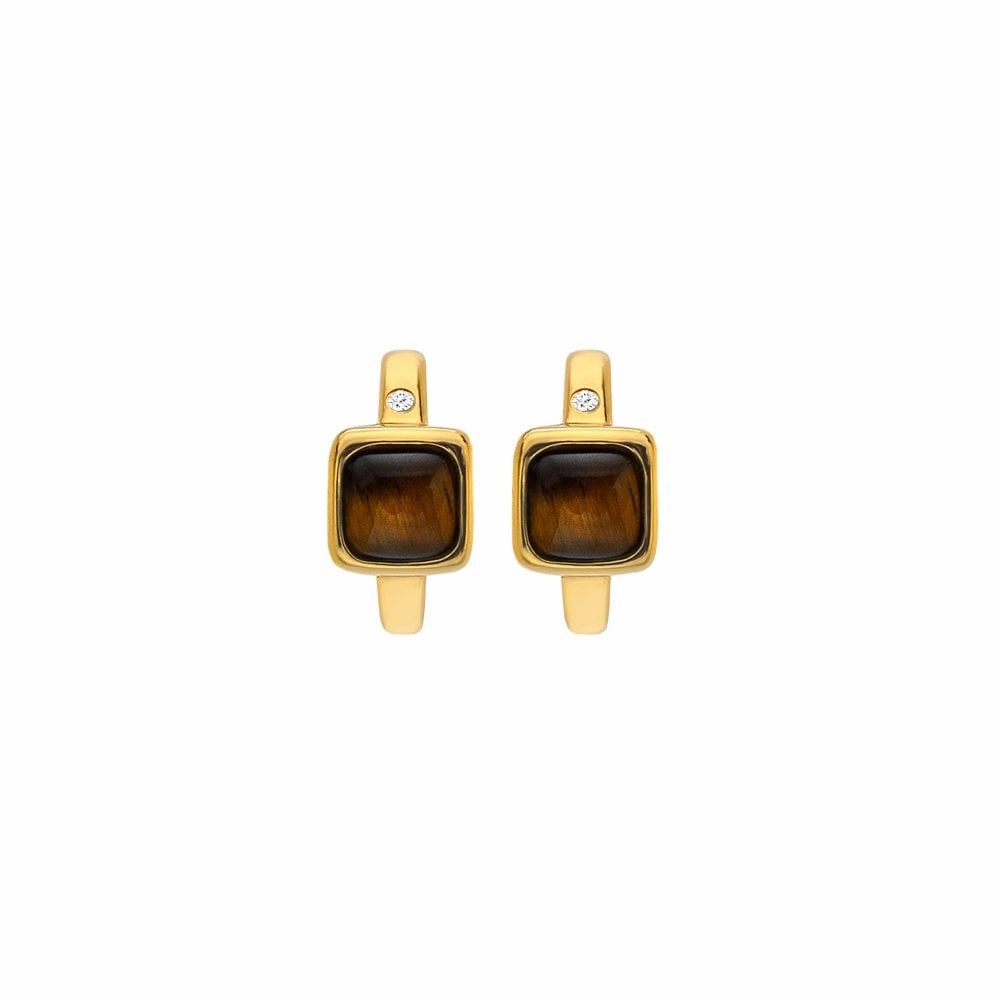 Hot Diamonds Gold Plated Sterling Silver Tigers Eye Square Huggie Earrings