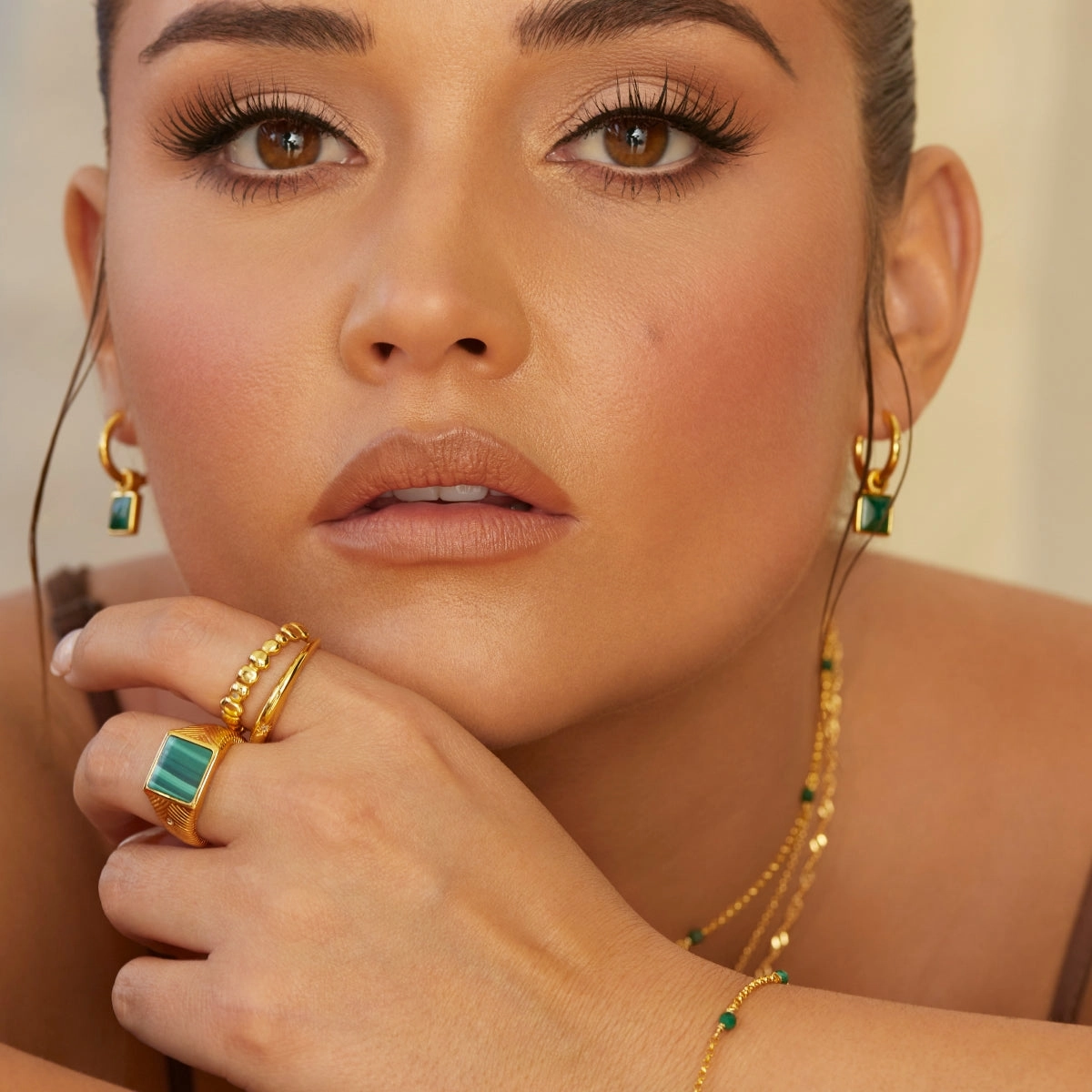 Hot Diamonds x Jac Jossa Revive Gold Plated Sterling Silver Malachite Square Ring