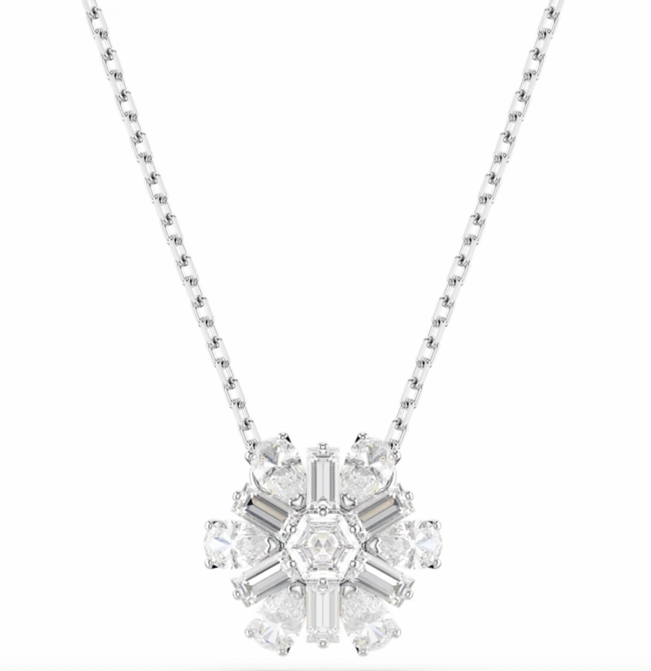 Idyllia Mixed Cuts Snowflake, White, Rhodium Plated Necklace