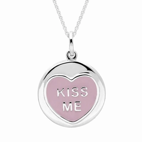 Love Hearts Sterling Silver Pink Enamel "Kiss Me" Necklace