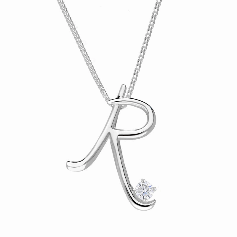 Love Letters 9ct White Gold 0.10ct Diamond Initial R Necklace